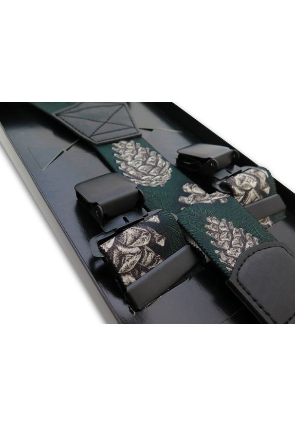 Modini - Zielone szelki męskie w szyszki SZ154. Kolor: zielony. Materiał: skóra, guma