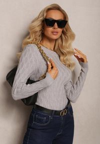 Renee - Szary Sweter z Okrągłym Dekoltem i Tłoczeniami w Kształcie Liści Timaphone. Kolor: szary. Sezon: jesień, zima #5