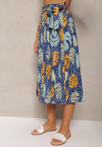 Renee - Niebiesko-Żółte Spodnie Szwedy z Bawełną High Waist Wykończone Gumką w Talii Pasefia. Okazja: do pracy, na co dzień. Stan: podwyższony. Kolor: niebieski. Materiał: bawełna. Styl: casual, elegancki