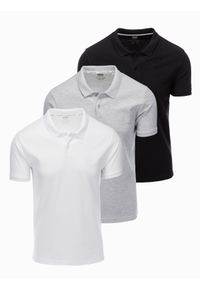 Ombre Clothing - Komplet bawełnianych męskich t-shirtów polo BASIC – czarny/szary melanż/biały V2 - Rozmiar: L. Typ kołnierza: polo. Kolor: biały. Materiał: bawełna. Wzór: melanż, haft. Styl: klasyczny, sportowy