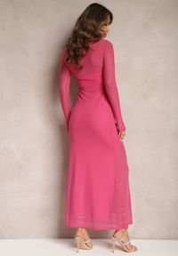 Renee - Fuksjowa Siateczkowa Sukienka o Taliowanym Kroju z Halką Manemoma. Kolor: różowy. Długość rękawa: długi rękaw