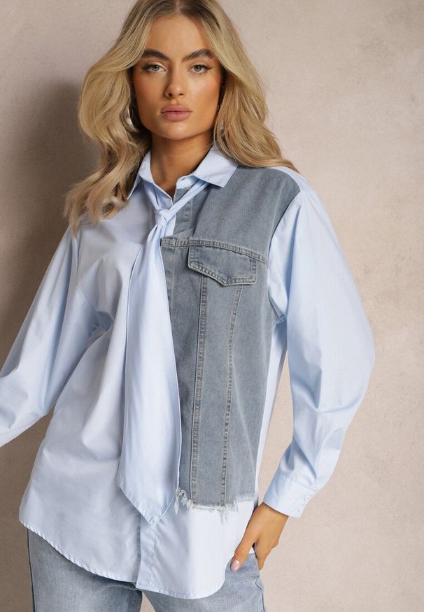 Renee - Niebieska Koszula z Jeansową Wstawką z Przodu i Krawatem w Komplecie Mirelles. Kolor: niebieski. Materiał: jeans