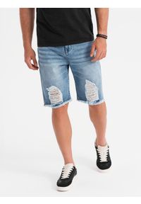 Ombre Clothing - Krótkie męskie spodenki jeansowe z przetarciami i dziurami – jasnoniebieskie V2 OM-SRDS-0157 - XXL. Okazja: na co dzień. Kolor: niebieski. Materiał: jeans. Długość: krótkie. Wzór: aplikacja. Sezon: lato. Styl: klasyczny, casual