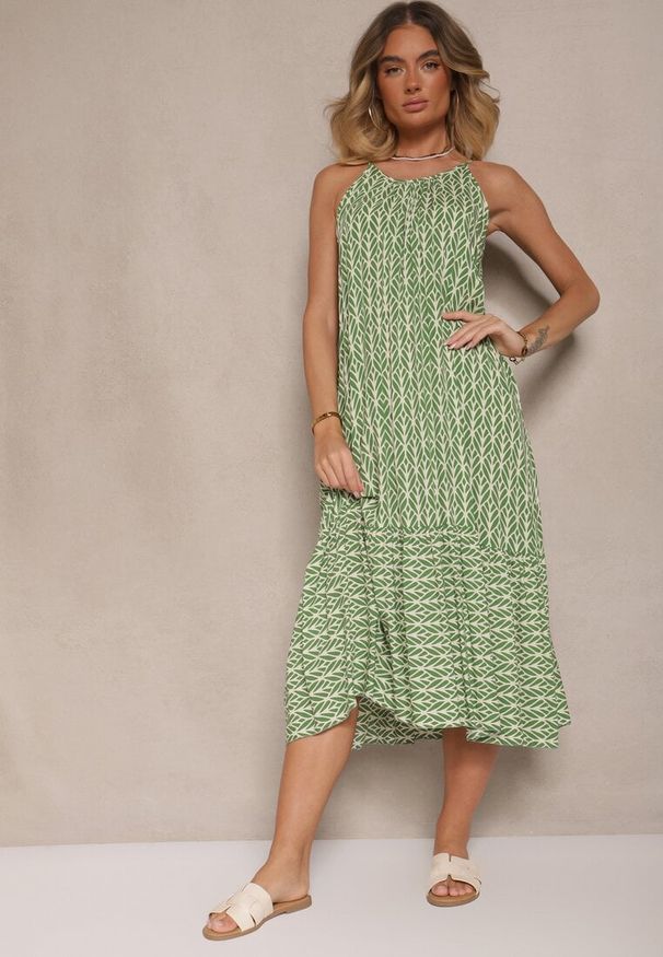 Renee - Zielona Sukienka z Bawełny Ozdobiona Geometrycznym Motywem Nilavionea. Kolor: zielony. Materiał: bawełna. Długość rękawa: na ramiączkach. Wzór: aplikacja, geometria. Sezon: wiosna, lato. Styl: elegancki