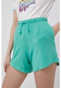 Billabong szorty damskie kolor zielony gładkie high waist. Okazja: na co dzień. Stan: podwyższony. Kolor: zielony. Materiał: dzianina. Wzór: gładki. Styl: casual