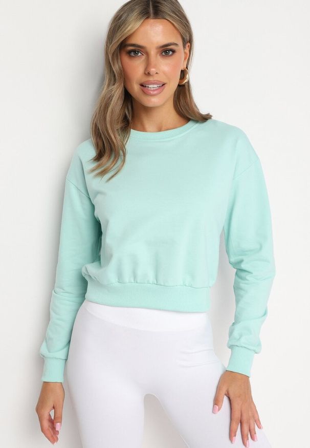 Born2be - Miętowa Bluza z Dodatkiem Bawełny Wykończona Ściągaczami Evilaya. Kolor: miętowy. Materiał: bawełna. Długość rękawa: długi rękaw. Długość: długie