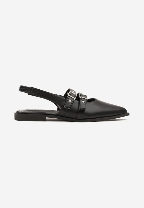 Born2be - Czarne Sandały Slingback z Noskiem w Szpic Zdobione Nitami i Klamrami Callevis. Okazja: na spotkanie biznesowe, na co dzień, na spacer. Zapięcie: klamry. Kolor: czarny. Wzór: aplikacja. Sezon: lato. Styl: klasyczny, biznesowy, casual, elegancki