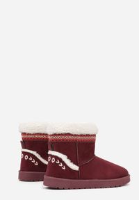 Born2be - Bordowe Wsuwane Śniegowce Zdobione Futrem i Haftem Mevittia. Okazja: na co dzień. Zapięcie: bez zapięcia. Kolor: czerwony. Materiał: futro. Wzór: haft, aplikacja. Sezon: zima. Styl: casual, elegancki #5