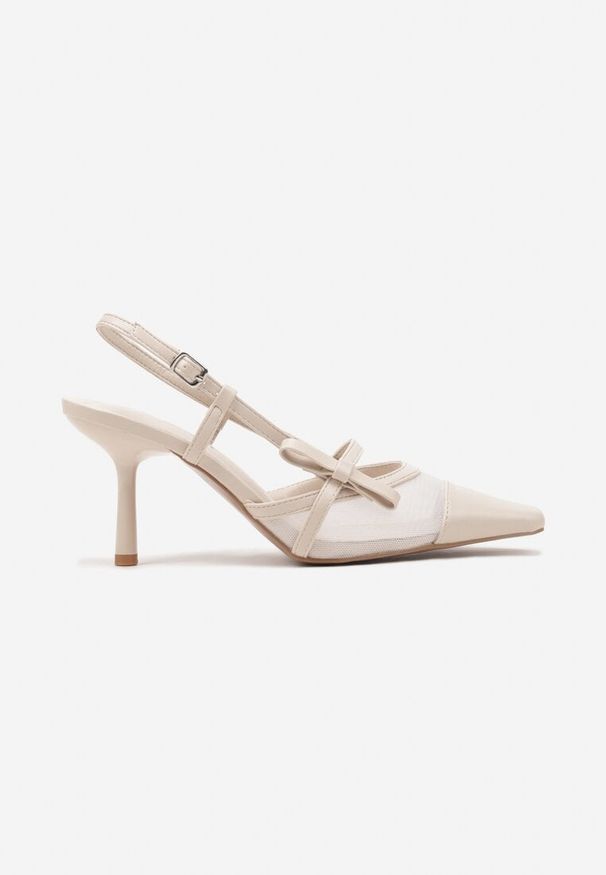 Renee - Beżowe Czółenka na Szpilce Typu Slingback z Siateczkową Cholewką Asdexia. Okazja: na co dzień, na spacer. Nosek buta: szpiczasty. Zapięcie: sprzączka. Kolor: beżowy. Materiał: jeans. Szerokość cholewki: normalna. Obcas: na szpilce. Styl: casual, elegancki
