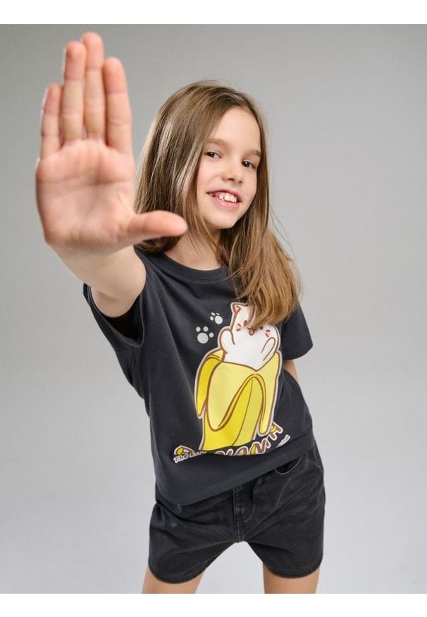 Sinsay - Bawełniana koszulka z nadrukiem Bananya - szary. Kolor: szary. Materiał: bawełna. Wzór: nadruk