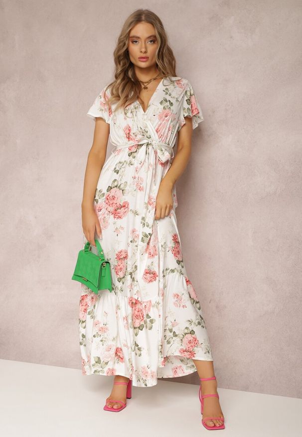 Renee - Biała Sukienka w Kwiaty o Kopertowym Kroju z Wiązanym Paskiem Iphene. Okazja: na co dzień, na imprezę. Typ kołnierza: dekolt w kształcie V. Kolor: biały. Długość rękawa: krótki rękaw. Wzór: kwiaty. Sezon: lato. Typ sukienki: kopertowe. Styl: casual, elegancki