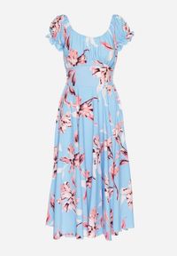 Born2be - Niebieska Sukienka w Kwiaty z Dekoltem Łódką z Bawełną o Rozkloszowanym Kroju Annilva. Okazja: na spacer, na imprezę, na co dzień. Typ kołnierza: dekolt w łódkę. Kolor: niebieski. Materiał: bawełna. Długość rękawa: krótki rękaw. Wzór: kwiaty. Sezon: wiosna, lato. Styl: klasyczny, casual, elegancki #6