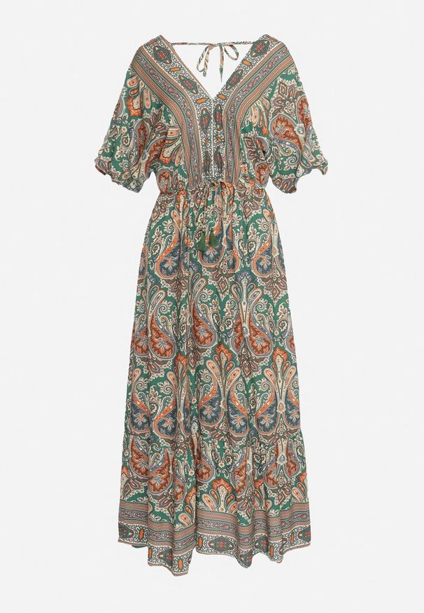 Born2be - Zielono-Brązowa Sukienka Maxi z Wiskozy w Stylu Boho z Wzorem Paisley i Gumką w Pasie Naroli. Okazja: na co dzień, na spacer. Typ kołnierza: dekolt w kształcie V. Kolor: zielony. Materiał: wiskoza. Wzór: paisley. Sezon: lato. Styl: boho. Długość: maxi
