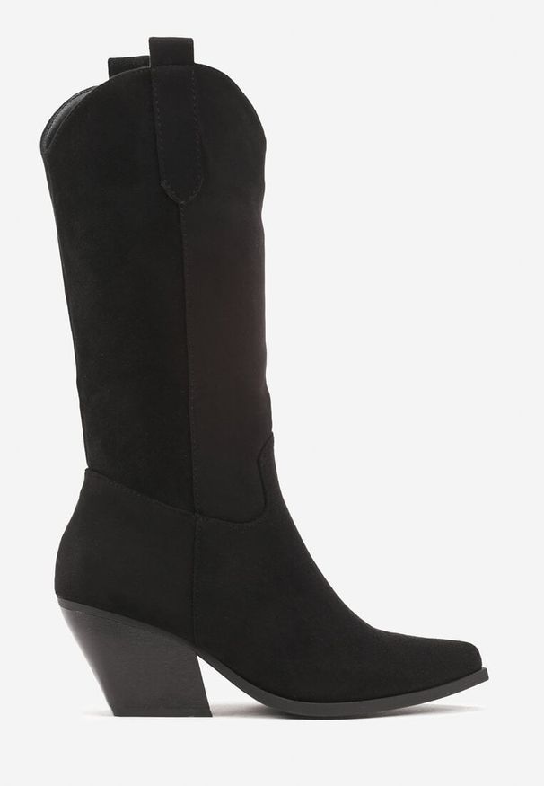 Renee - Czarne Kozaki na Stożku w Stylu Kowbojek Naures. Okazja: na co dzień. Kolor: czarny. Materiał: skóra. Obcas: na stożku. Styl: klasyczny, elegancki, rockowy, casual. Wysokość obcasa: średni