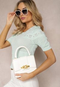 Renee - Miętowa Klasyczna Bluzka w Ażurowy Wzór Lidakra. Okazja: na co dzień. Kolor: miętowy. Materiał: jeans. Długość rękawa: krótki rękaw. Długość: krótkie. Wzór: ażurowy. Styl: klasyczny #4