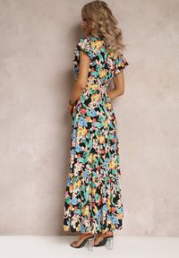 Renee - Czarna Rozkloszowana Sukienka Maxi w Kwiaty Moirane. Typ kołnierza: kołnierz z falbankami. Kolor: czarny. Materiał: materiał. Wzór: kwiaty. Długość: maxi #3