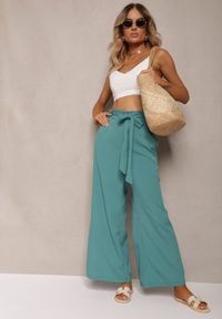 Renee - Miętowe Szerokie Spodnie z Materiałowym Paskiem w Typie Paper Bag Lasette. Kolor: miętowy. Materiał: materiał