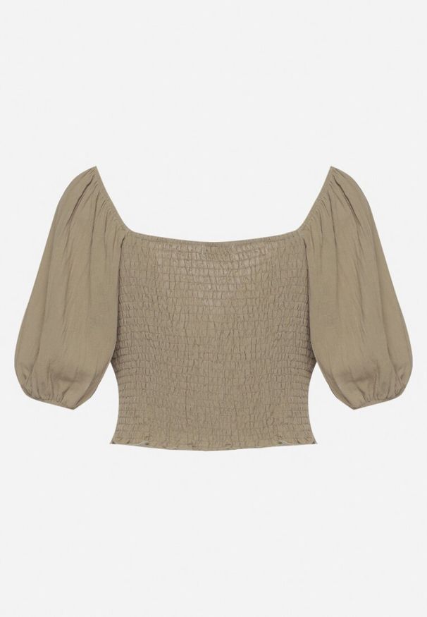 Born2be - Ciemnozielona Bawełniana Bluzka z Bufiastymi Rękawami i Ozdobnym Węzłem Tenisunea. Okazja: do pracy, na co dzień, na spotkanie biznesowe. Typ kołnierza: dekolt w kształcie V. Kolor: zielony. Materiał: bawełna. Styl: elegancki, biznesowy, casual