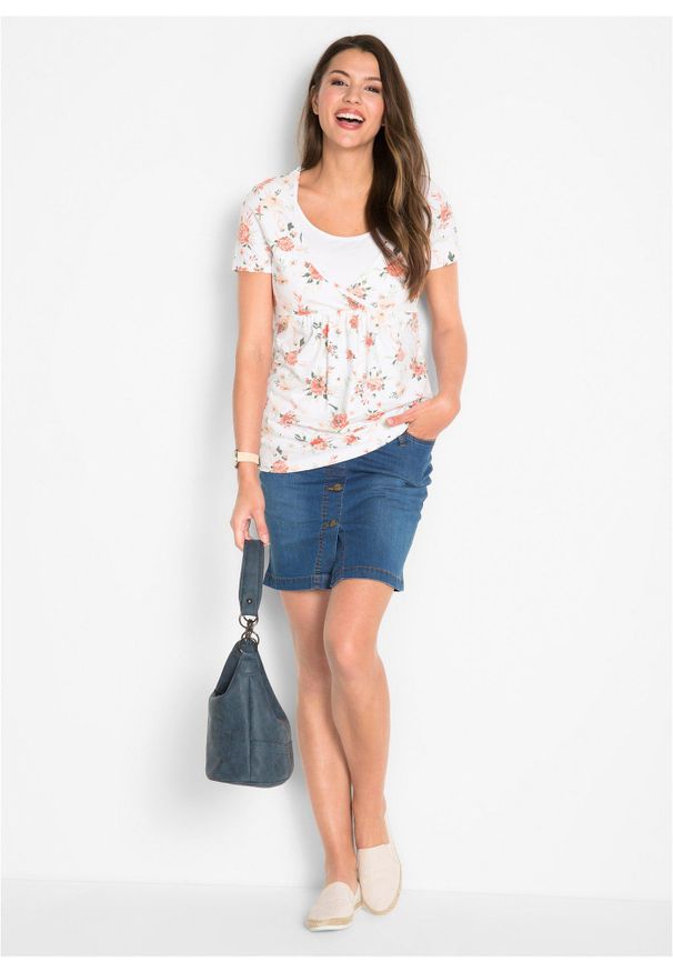 bonprix - Shirt 2 w 1 ciążowy i do karmienia piersią, z bawełny organicznej. Kolekcja: moda ciążowa. Kolor: biały. Materiał: materiał, bawełna. Wzór: gładki, kwiaty
