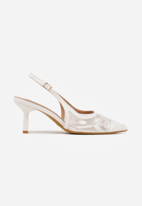 Renee - Białe Czółenka Slingback z Siateczki VICES na Kaczuszce z Haftem i Koralikami Vilin. Okazja: na wesele, na imprezę, na ślub cywilny. Zapięcie: pasek. Kolor: biały. Wzór: haft. Obcas: na szpilce. Styl: klasyczny, elegancki