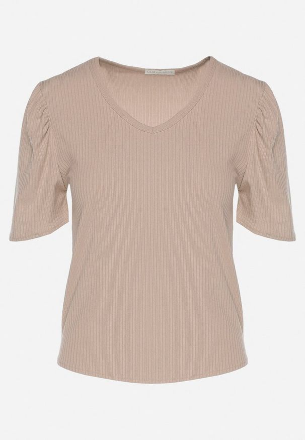 Born2be - Ciemnobeżowy Prążkowany T-shirt z Zakładkami przy Rękawach Kolanovia. Okazja: na co dzień. Kolor: beżowy. Materiał: prążkowany. Styl: casual