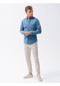 Ombre Clothing - Koszula męska z długim rękawem K568 - niebieska - L. Kolor: niebieski. Materiał: bawełna, jeans. Długość rękawa: długi rękaw. Długość: długie