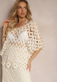 Renee - Beżowa Ażurowa Bluzka Narzutka z Bawełny z Rozszerzanymi Rękawami Wavana. Kolor: beżowy. Materiał: bawełna. Wzór: ażurowy