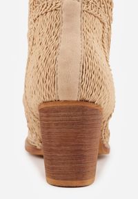 Born2be - Ciemnobeżowe Botki Kowbojki VICES na Stożku z Ażurową Cholewką Azivessa. Okazja: na co dzień. Kolor: beżowy. Materiał: jeans. Szerokość cholewki: normalna. Wzór: ażurowy. Sezon: wiosna. Obcas: na stożku. Styl: casual, klasyczny, boho #2