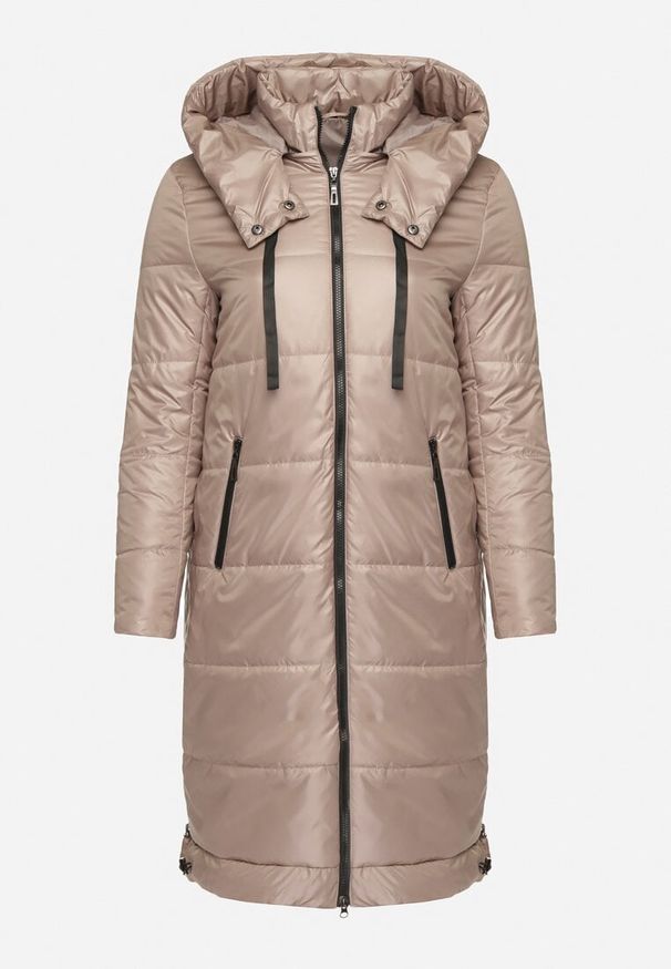 Born2be - Ciemnobeżowa Przejściowa Kurtka Pikowana z Kapturem i Suwakami po Bokach Fesunela. Okazja: na co dzień. Typ kołnierza: kaptur. Kolekcja: plus size. Kolor: beżowy. Materiał: jeans. Sezon: jesień. Styl: casual, klasyczny