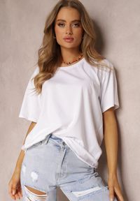 Renee - Biały T-shirt Eraela. Kolekcja: plus size. Kolor: biały. Materiał: bawełna, tkanina. Długość rękawa: krótki rękaw. Długość: krótkie. Styl: klasyczny #1