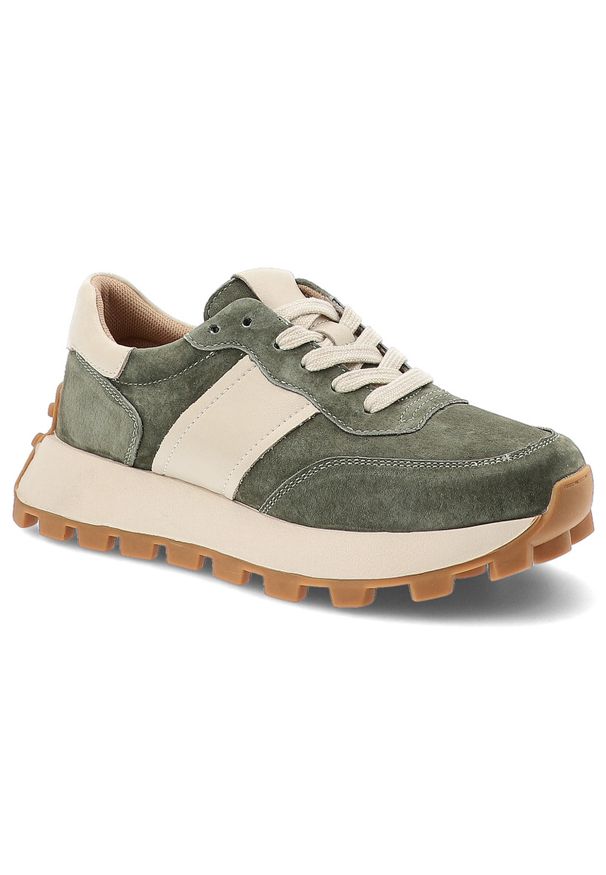 Sneakersy damskie Filippo, wykonane ze skóry naturalnej i skóry zamszowej masywna podeszwa z bieżnikiem sportowy design, khaki, DP7112/26 KH. Okazja: na co dzień. Kolor: zielony. Materiał: skóra, zamsz. Szerokość cholewki: normalna. Sport: turystyka piesza