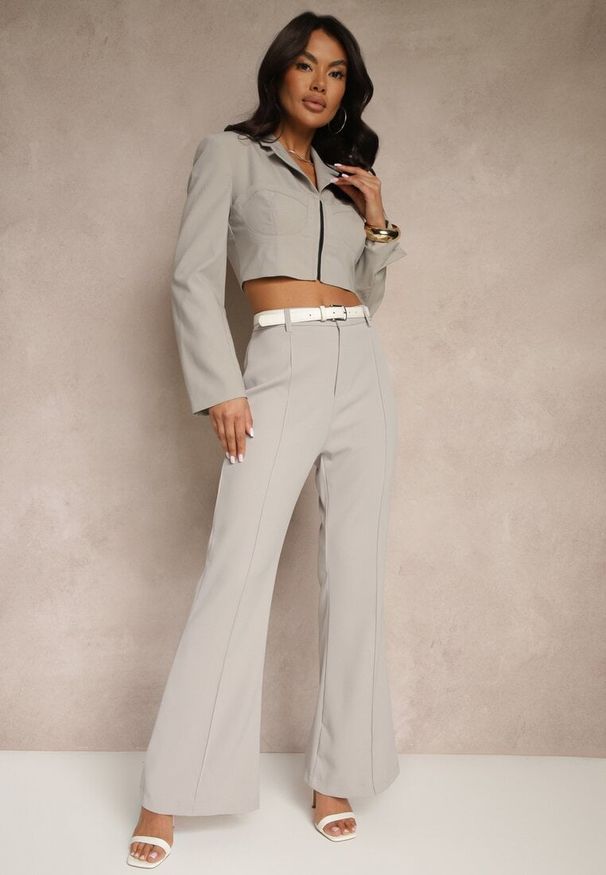 Renee - Szare Casualowe Spodnie w Stylu Dzwonów High Waist Uinna. Okazja: na co dzień. Stan: podwyższony. Kolor: szary. Styl: casual