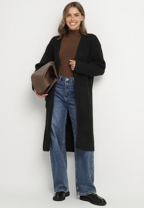 Born2be - Czarny Niezapinany Kardigan z Bawełną o Długim Kroju Asorisse. Okazja: na co dzień. Kolor: czarny. Materiał: bawełna. Długość: długie. Styl: casual, elegancki