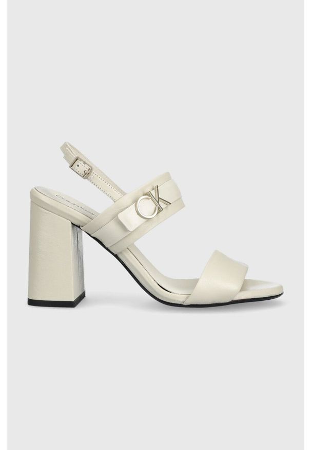 Calvin Klein sandały skórzane BLOCK HL SANDAL 85HH W/HW kolor biały HW0HW01486. Zapięcie: klamry. Kolor: beżowy. Materiał: skóra. Wzór: gładki. Obcas: na obcasie. Wysokość obcasa: średni