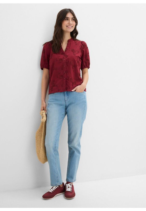 bonprix - Jeansy ze stretchem, mid waist, prosta nogawka. Kolor: niebieski