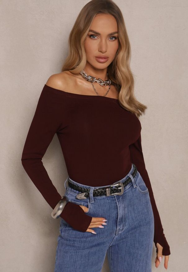 Renee - Bordowa Ciemna Bluzka z Bawełny z Wycięciem na Kciuk Valwiwi. Okazja: na co dzień. Kolor: czerwony. Materiał: bawełna. Styl: casual