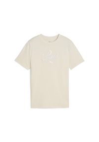Puma - Młodzieżowa koszulka Essentials Script PUMA Alpine Snow White. Kolor: biały, wielokolorowy, beżowy. Wzór: haft. Sport: joga i pilates