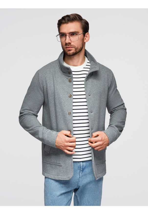 Ombre Clothing - Bluza męska zapinana na guziki ze stójką – szary melanż V7. Okazja: na co dzień. Typ kołnierza: kołnierzyk stójkowy. Kolor: szary. Materiał: bawełna, poliester. Wzór: melanż. Styl: elegancki, casual