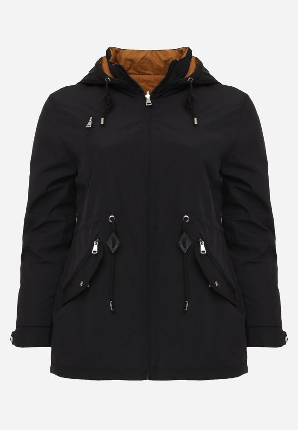 Born2be - Czarna Przejściowa Kurtka Dwustronna o Kroju Parki z Pikowaniem Wewnątrz Zidelle. Typ kołnierza: kaptur. Kolor: czarny. Materiał: poliester, jeans. Styl: sportowy