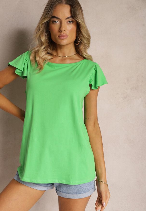 Renee - Zielony Top z Bawełny z Falbankami Zamiast Rękawów Kleuria. Typ kołnierza: kołnierz z falbankami. Kolor: zielony. Materiał: bawełna. Sezon: lato. Styl: elegancki