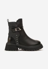 Born2be - Czarno-Złote Botki z Metalową Klamrą i Nitami Aloriana. Okazja: na uczelnię, na co dzień. Zapięcie: klamry. Kolor: czarny. Materiał: jeans. Wzór: kolorowy. Styl: elegancki, casual, rockowy