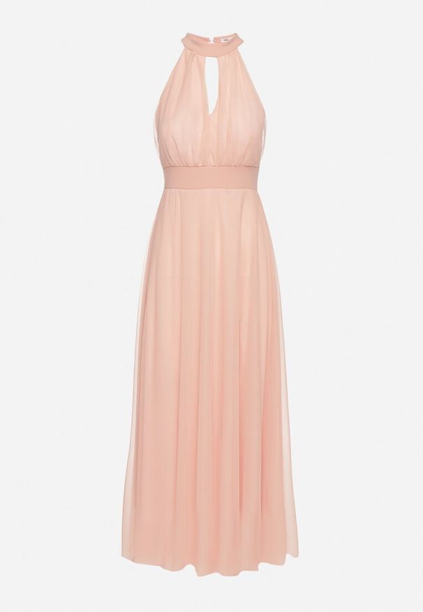 Born2be - Różowa Wieczorowa Sukienka ze Stójką Wiązana w Talii Ozdobiona Siateczką Nestasoni. Okazja: na imprezę. Typ kołnierza: kołnierzyk stójkowy. Kolor: różowy. Materiał: satyna. Długość rękawa: bez rękawów. Wzór: aplikacja. Styl: wizytowy