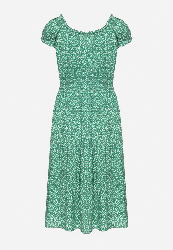 Born2be - Zielona Bawełniana Sukienka w Drobne Kwiaty z Gumkami w Talii Fielita. Kolor: zielony. Materiał: bawełna. Długość rękawa: krótki rękaw. Wzór: kwiaty. Sezon: lato. Styl: elegancki