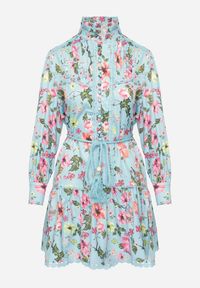 Born2be - Niebieska Koszulowa Sukienka ze Stójką i Falbanką Madalyn. Typ kołnierza: kołnierzyk stójkowy. Kolor: niebieski. Materiał: koronka. Typ sukienki: koszulowe #7