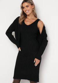 Born2be - Czarny 2-częściowy Komplet Dzianinowy z Kardiganem i Sukienką Maranasa. Kolor: czarny. Materiał: dzianina. Długość rękawa: na ramiączkach. Wzór: aplikacja, ze splotem #4