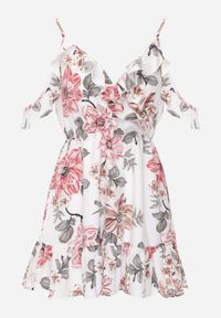 Born2be - Biała Rozkloszowana Sukienka Mini z Falbankami Soulis. Typ kołnierza: kołnierz z falbankami. Kolor: biały. Długość rękawa: na ramiączkach. Wzór: kwiaty. Typ sukienki: kopertowe, rozkloszowane. Długość: mini #4