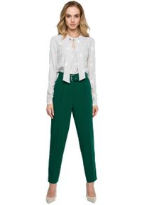 MOE - Zielone Klasyczne Spodnie w Kant z Wysokim Stanem. Stan: podwyższony. Kolor: zielony. Materiał: wiskoza, poliester, elastan. Styl: klasyczny #1