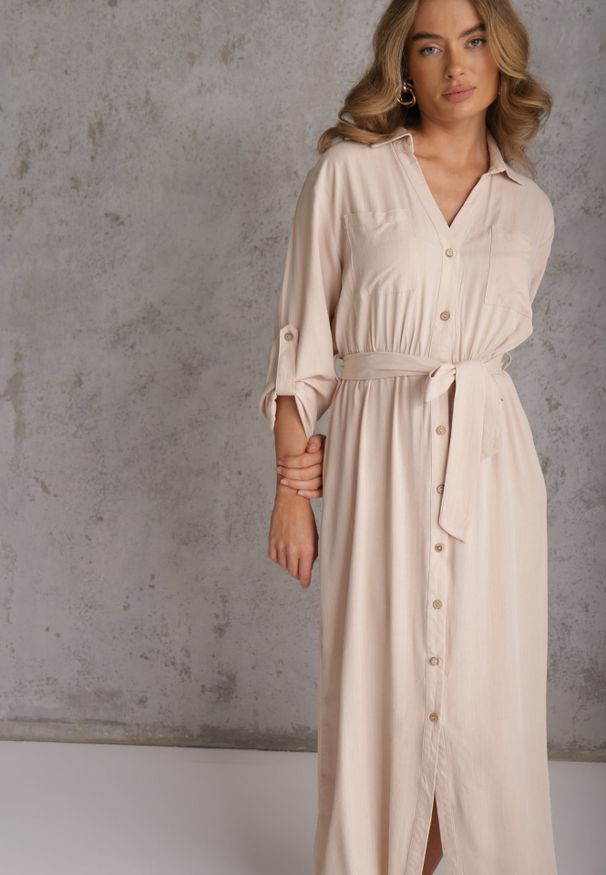 Renee - Jasnobeżowa Koszulowa Sukienka Utility z Bawełny z Wiązanym Paskiem w Talii Retona. Okazja: na co dzień. Kolor: beżowy. Materiał: bawełna. Sezon: lato. Typ sukienki: koszulowe. Styl: boho, glamour, casual