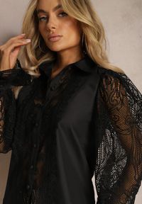 Renee - Czarna Koszula Ozdobiona Ornamentalną Koronką z Luźnymi Rękawami Eralla. Kolor: czarny. Materiał: koronka. Wzór: aplikacja, koronka #5