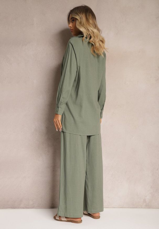 Renee - Zielony Wiskozowy Komplet Spodnie z Szerokimi Nogawkami i Gumką w Talii Koszula na Guziki Tinamars. Kolor: zielony. Materiał: wiskoza
